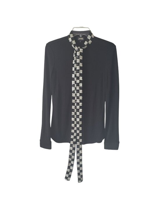 Jean Paul Gaultier Tops - Jean Paul Gaultier Black White Checker Sequin Tie Neck Long Sleeve Top Blouse